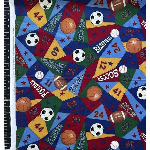 SPORTS FABRIC Soccer Baseball Football Pennants Quilting Cranston 2004 BTY - Picture 2 of 2